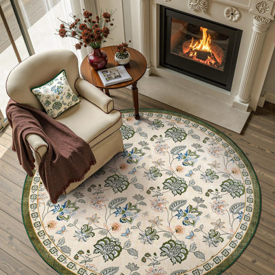 Chinoiserie Floral Rug Vintage Romance Design Washable Non-slip Carpet Green/Beige