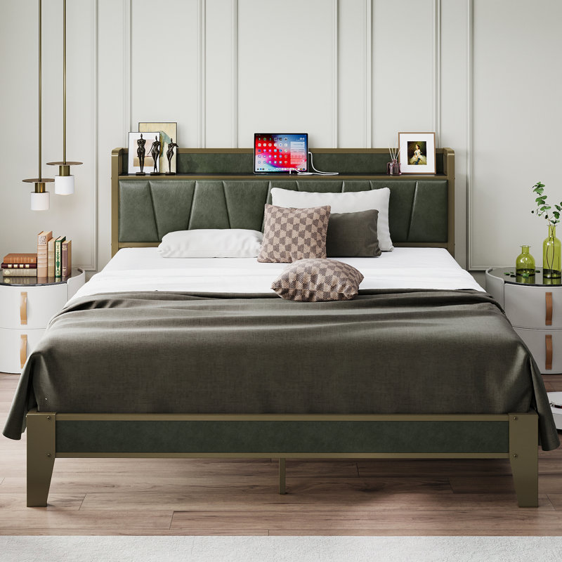 Lit plateforme tapissier vert foncé avec tête de lit et station de charge, Double
