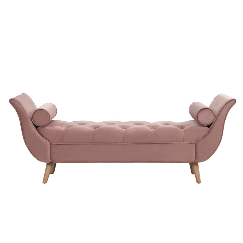 Banc de chambre rembourré en velours avec accoudoirs roulés et coussins Corvina, Rose, Naturel