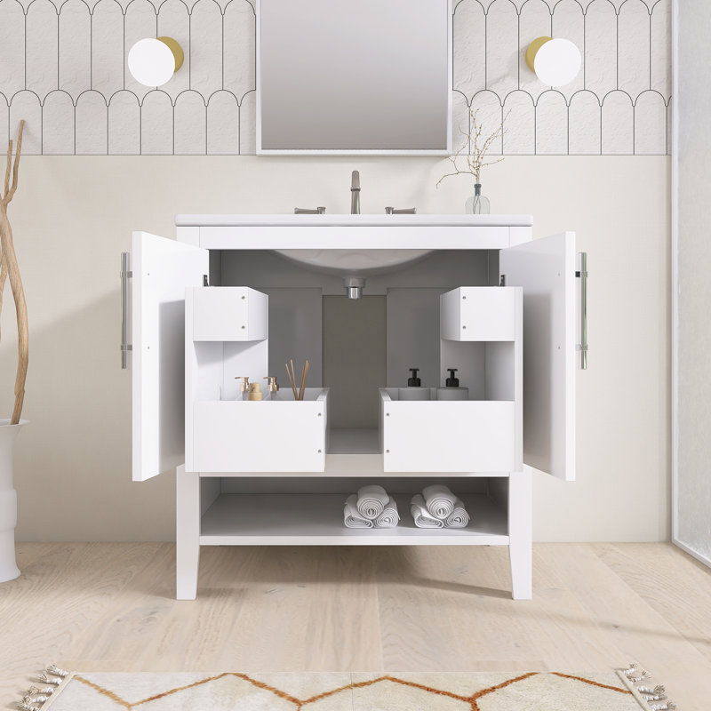 Single Bathroom Vanity With Ceramic Top, 30", White