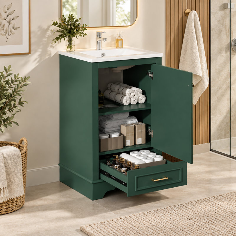 Meuble-lavabo de 51 cm (20,1 pouces) avec lavabo en céramique, tiroir, meuble-lavabo simple sur pied avec porte à fermeture douce, tablette réglable, style moderne, vert
