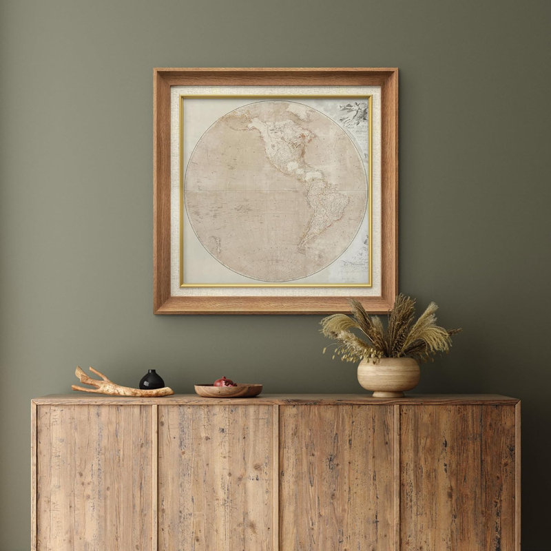 World Map " Brown Circles ", Natural Framed