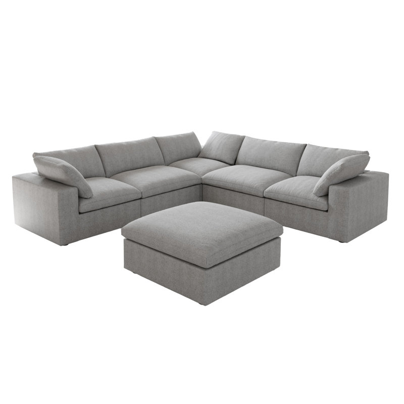 Kenda 6-Piece Upholstered Modern Linen Slipcovered Sectional Sofa With Ottoman, Light Gray Linen