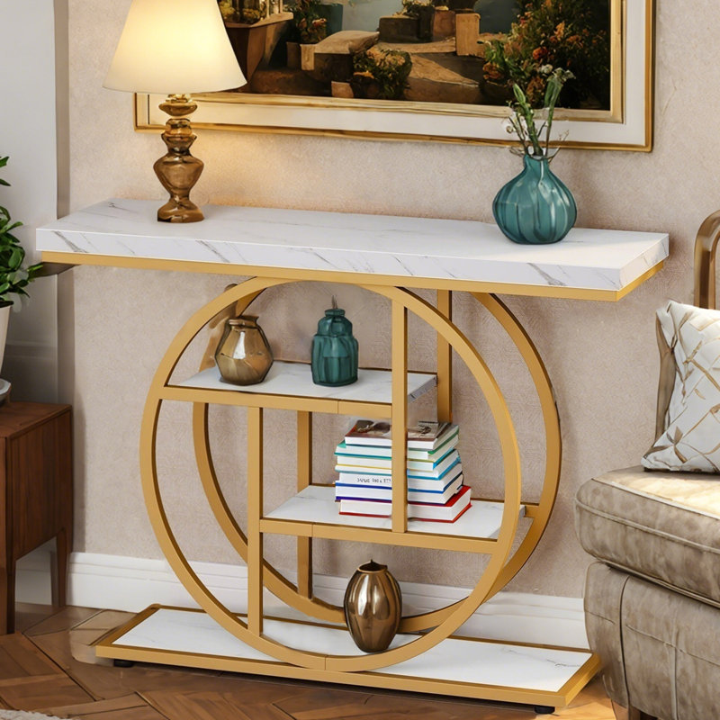 4-Tiered Storage Console Table 41.3" Sofa Table Entryway Table with Circle Base for Living Room