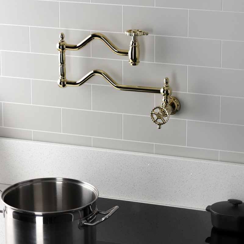 Kingston Brass Fuller Two-Handle 1-Hole Wall Mount Pot Filler Faucet, Polished Brass