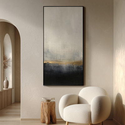 Très grand art mural imprimé sur tissu - Composition abstraite minimale de blocs géométriques avec des accents neutres beige, gris, noir et or discret pour un salon ou une chambre à coucher - «Assemblage requis du cadre (cadre non fini)»