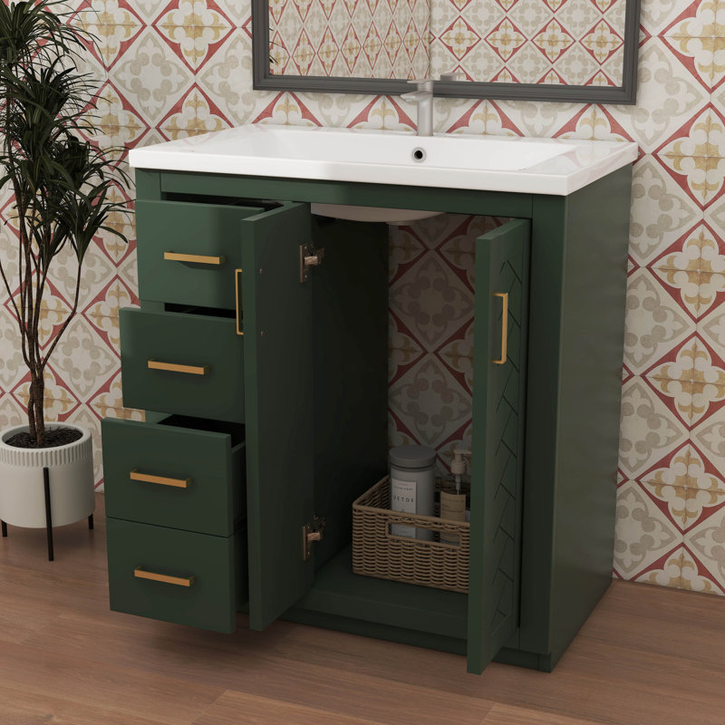 Armoire de rangement de meuble-lavabo simple autoportant moderne 30 po à 3 tiroirs, Vert, Doré