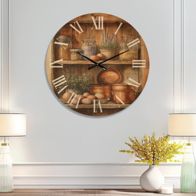Oversized Minimalist Silent Round Wood Wall Clock – Rustic Kitchen Shelf Still Life