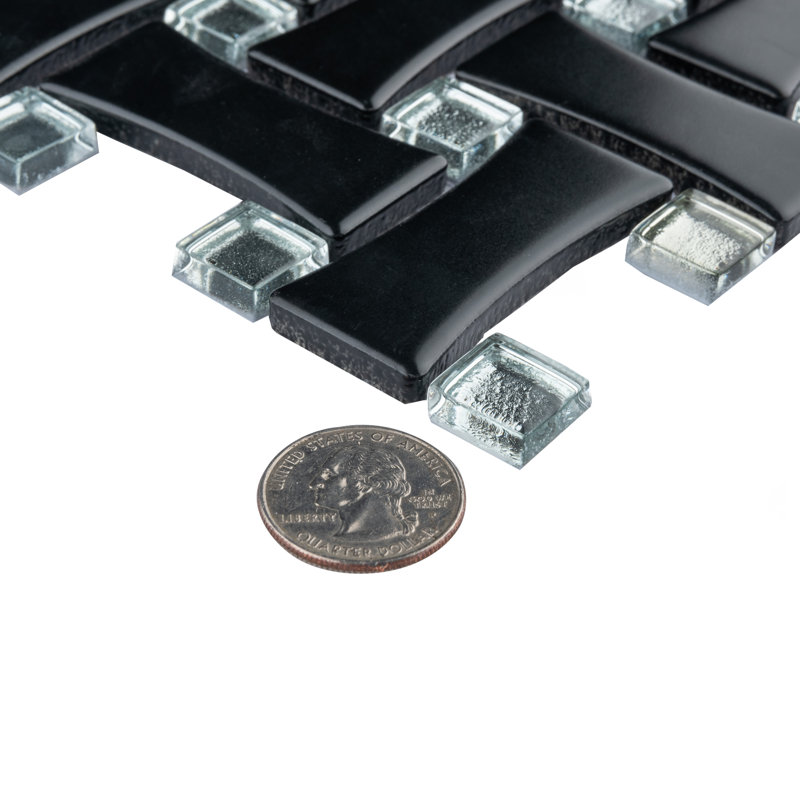 Metro Dog Bone Basketweave 0.92 In. X 2.26 In. Porcelain Basketweave Mosaic Wall Tile, Matte Black w/Glass Silver Dot