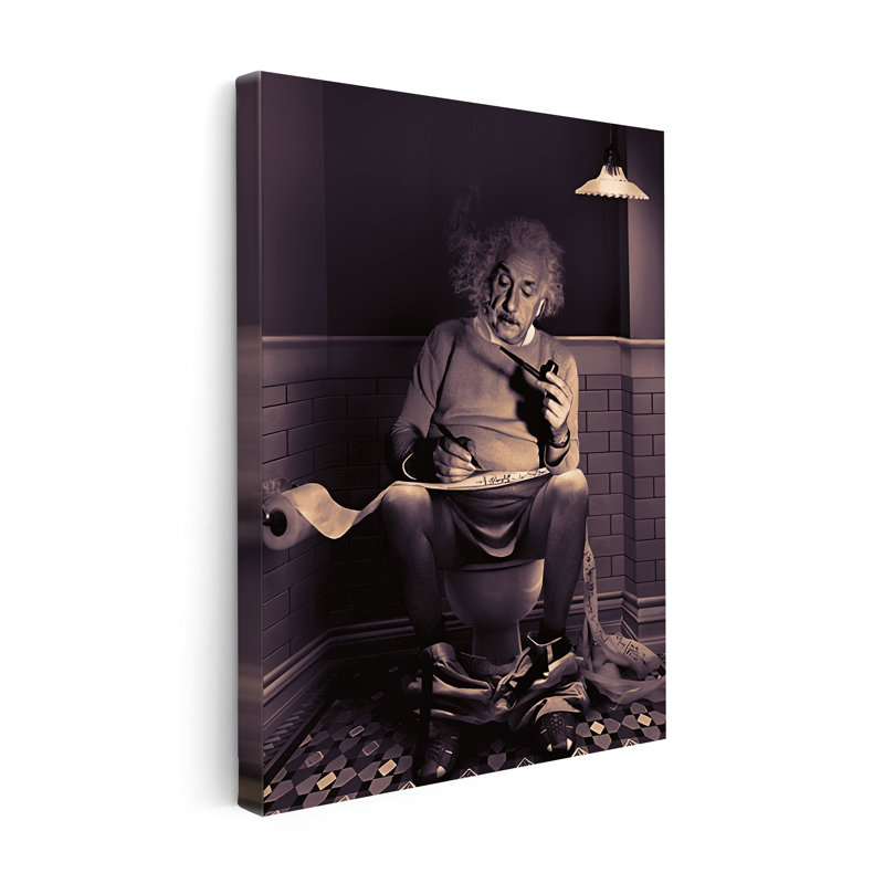 Einstein assis sur une toilette, Cadre noir, Canevas, H 24 po x l 32 po