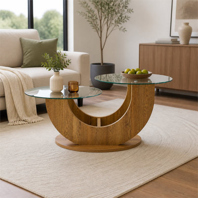 Adjustable Height Coffee Table, Creative U‑Shaped Double‑Tier Glass Side Table, Modern Minimalist Table with Wood‑Grain MDF Base for Living Room