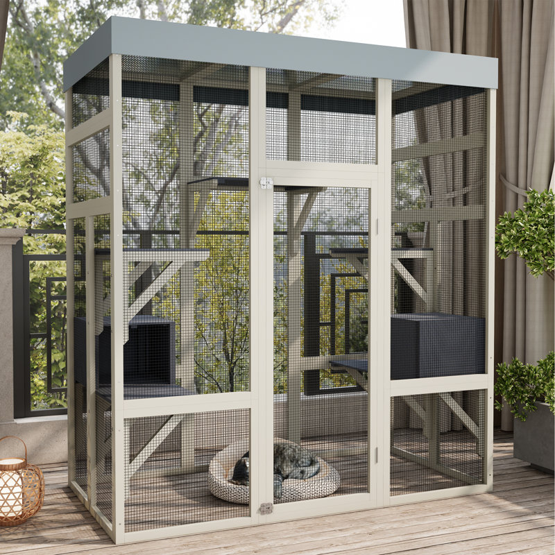 Enceinte d'extérieur pour animaux en bois gris avec couvercle imperméable et cage sécurisée Catio