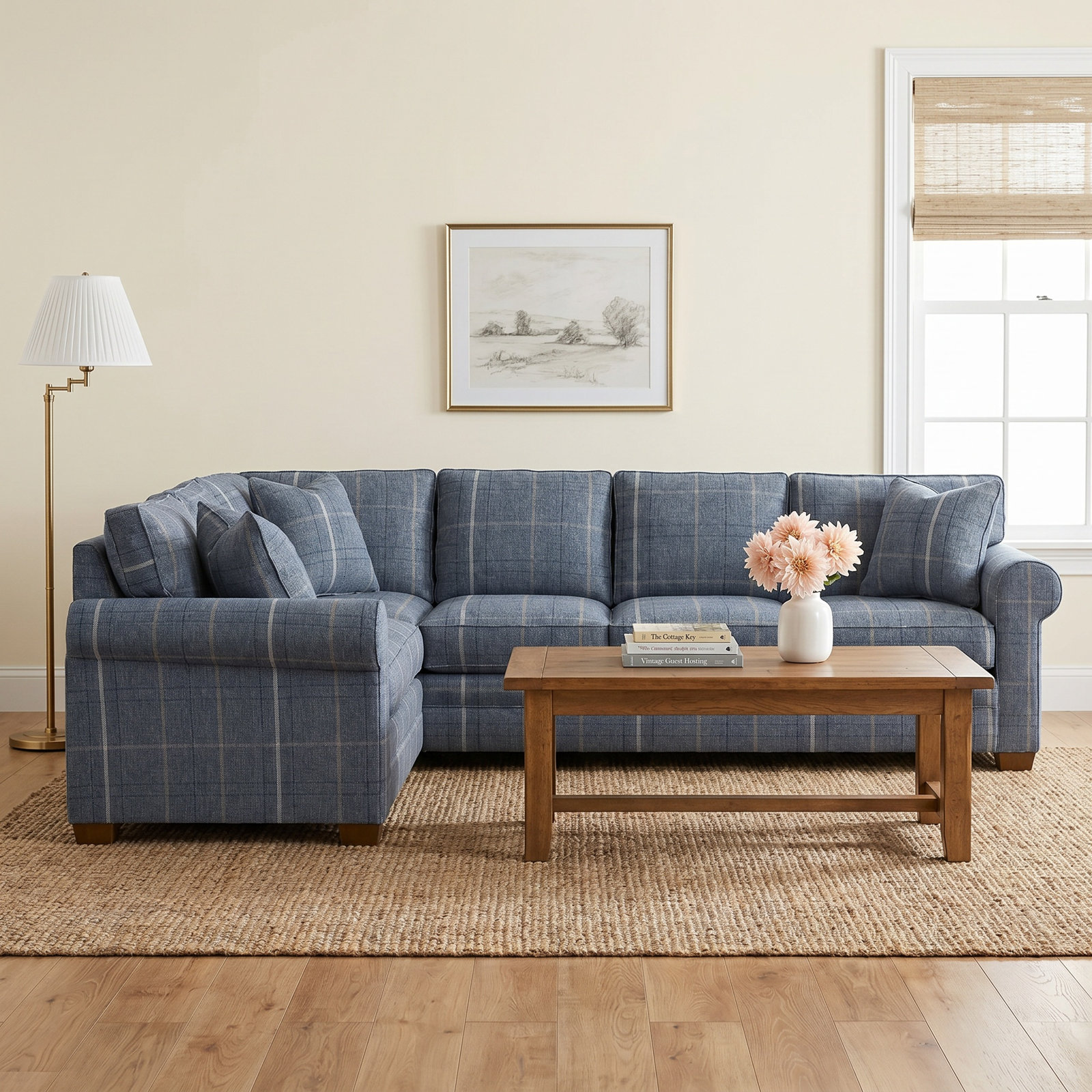 Bedford Upholstered L-Sectional, Havana Finish, Lapis Plaid; 0126-63, Right Hand Facing