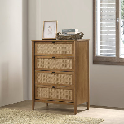 Commode 4 tiroirs en bois et rotin