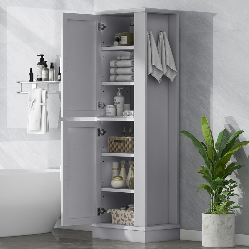 Grande armoire de rangement de salle de bain grise haute, tour à linge autoportante de 68 pouces avec tablettes réglables et crochet utilitaire
