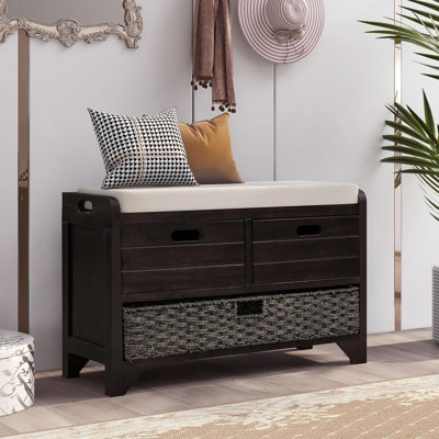 Banc de rangement avec panier amovible et 2 tiroirs, banc à chaussures entièrement assemblé avec coussin amovible (bleu marine)