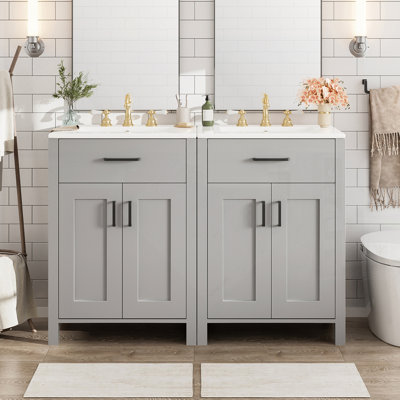 Meuble-lavabo moderne avec lavabo en céramique, portes à fermeture en douceur, tiroir rabattable, tablettes de porte à double couche, solution de rangement élégante