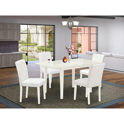 5 Piece Modern Dining Table Set Includes a Rectangle Wooden Table with Butterfly Leaf and 4 White Faux Leather Upholstered Chairs, Linen White