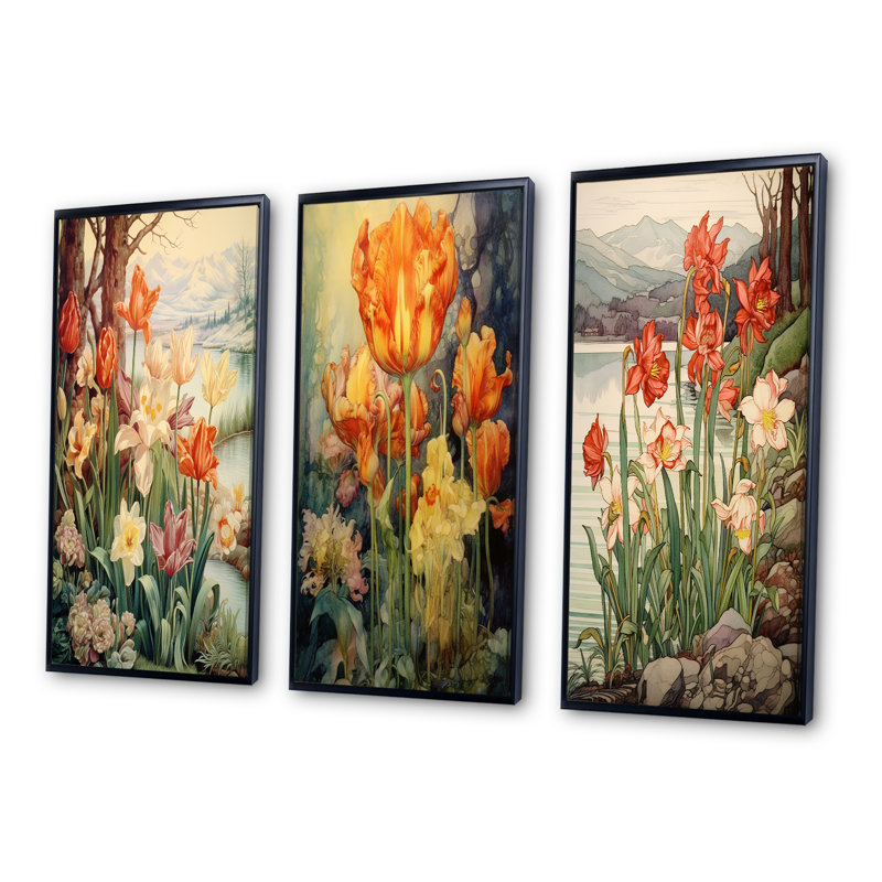 «Red Tulips Blooming Retro Illustration I», 3 pièces sur toile, Cadre flottant noir, H 40 po x l 60 po