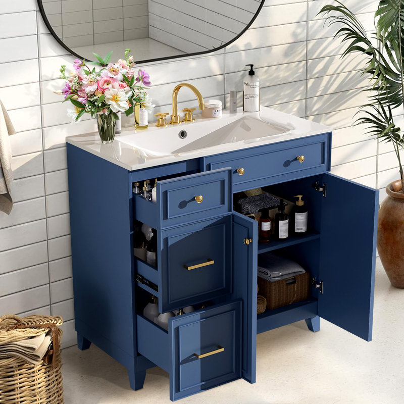 Armoire de meuble-lavabo moderne 36 "avec lavabo en céramique, Bleu