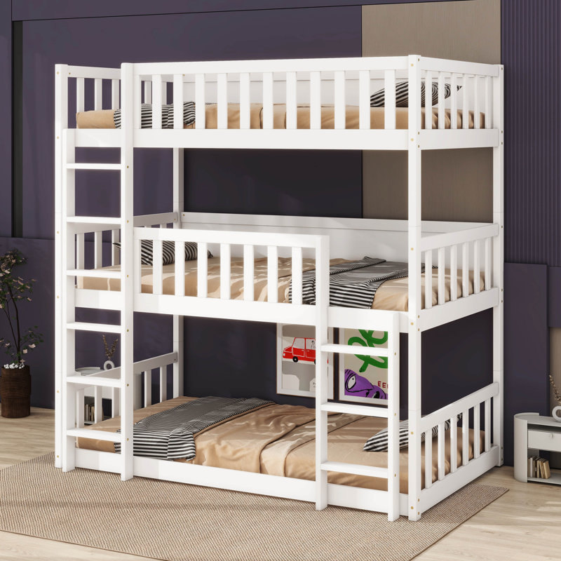 Kayda Twin Over Twin Over Twin Triple Rubber Wood Bunk Bed, With Ladders, Guardrails Detachable Bunk Bed, White