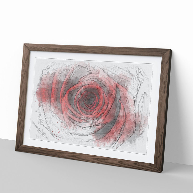 Red Rose Flower Vol.5 - Picture Frame Drawing, Walnut Framed, 65cm H x 90cm W x 2cm D