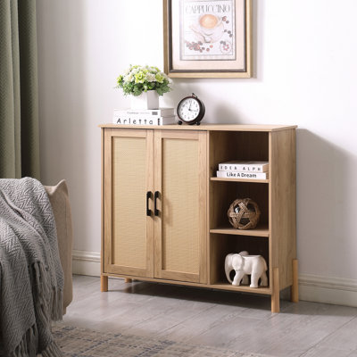 Armoire de rangement Mid-Century moderne avec portes en rotin tissé, tablettes ouvertes et tablettes réglables - parfaite pour le salon et la salle à manger, buffet