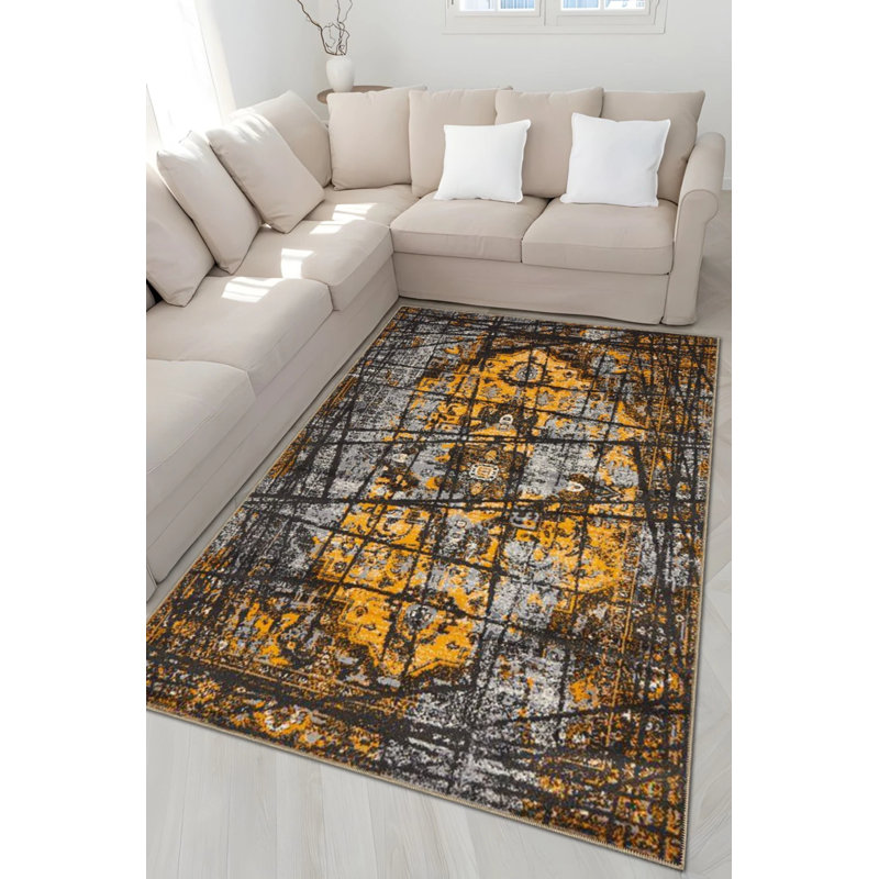 Yellow Gray Themed Striped Traditional Motif Patterned Vintage Decorative Carpet, Round 4'