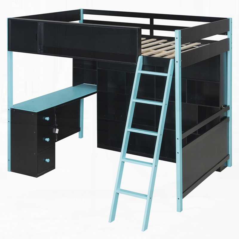 Lit mezzanine en bois avec bureau, grand espace de rangement et lumière, Bleu