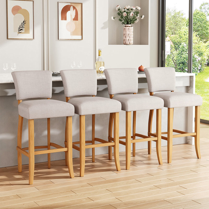 Soukup Linen Bar Stool Bar Height for Kitchen Island Cafe, Beige, 4