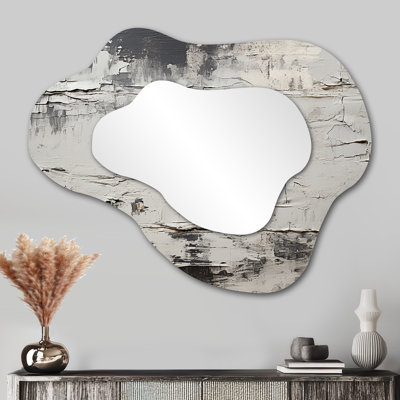 Abstract Grey Lunar Surface III - Tachisme Cloud Large Mirror, Modern Asymmetrical Decorative Wall Mirror, Printed Metal Art