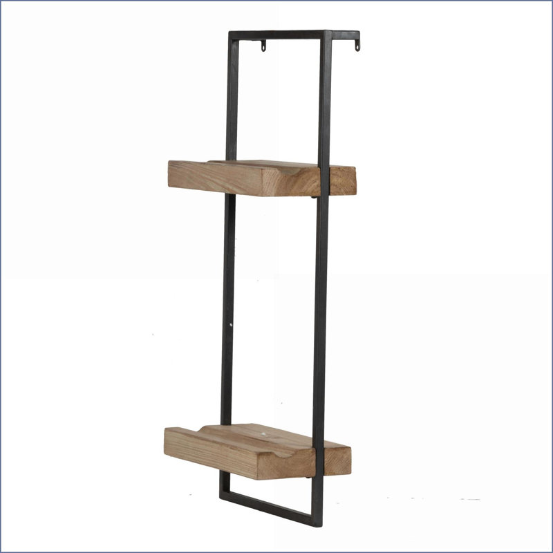 Wall Shelf, Industrial Two-Tier Iron &amp; Fir Wood | 12x6x27 Inches | Plate Grooves | Walnut Brown | Iron