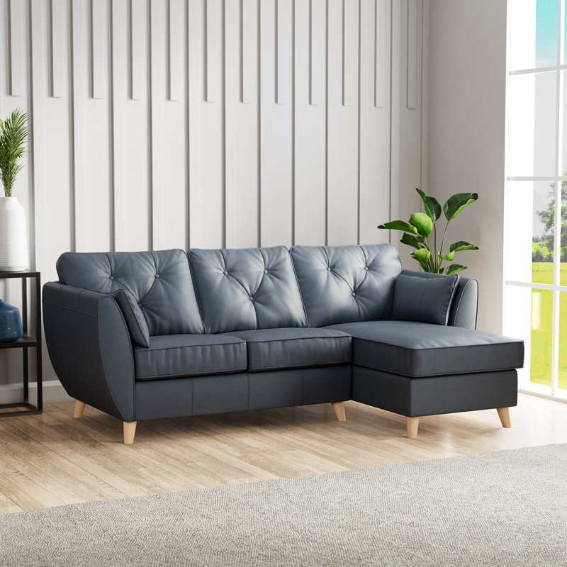 Hoxton 3 Seater Leather Maxi Sofa Chaise, Right Hand Facing, Navy, Light Wood