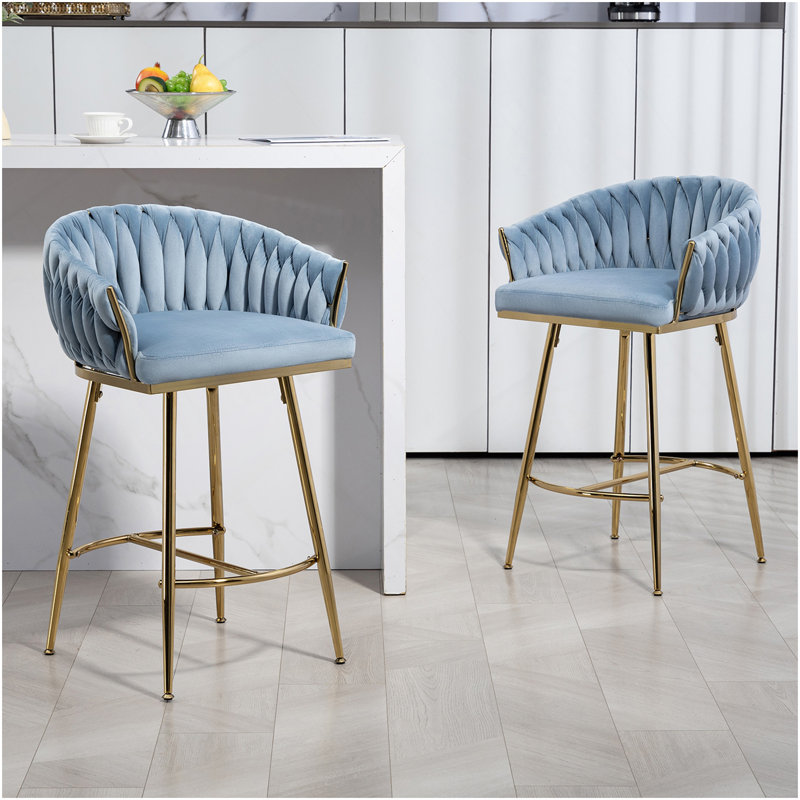 Ensemble de 2 tabourets de bar 26 po à hauteur de comptoir avec dossier ondulé à la main, base chromée dorée et repose-pieds 26 po
