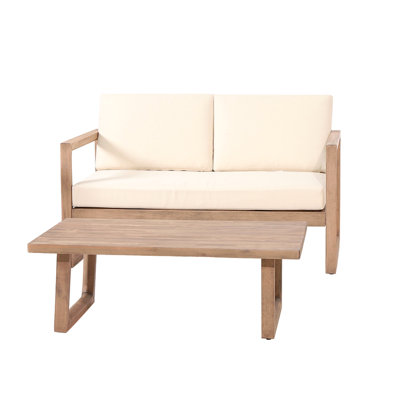 Outdoor Acacia Wood Loveseat And Coffee Table Set With Cushions, Brown Wash, Beige
