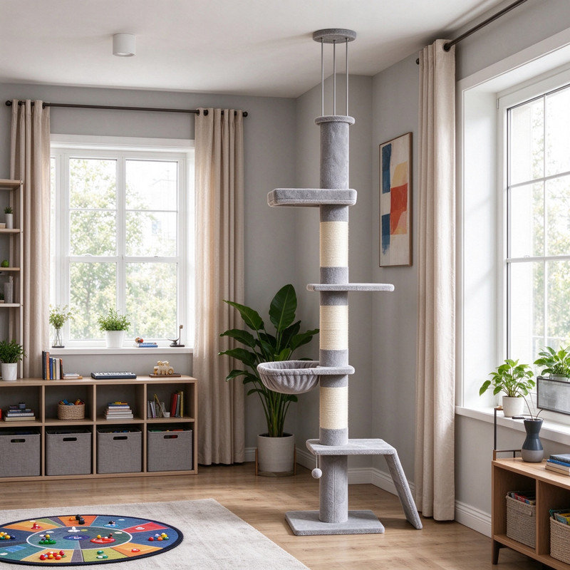90"-102" Adjustable Floor-to-Ceiling Cat Tree, 5-Level Vertical Cat Tower with 3-Rod Stable Support for Indoor Cats, Climbing Perching Resting