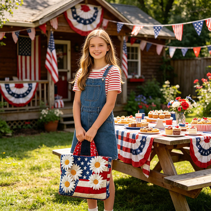  US 250th Anniversary Quilted Shoulder Tote Bag Large Capacity Convenient Handbag, L
