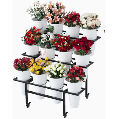 Garden Flower Display Cart-heavy Duty Mobile Stand With 12 White Plastic Buckets, Rolling Plant & Bouquet Organizer Shelf For Fresh Flowers by Arlmont & Co.