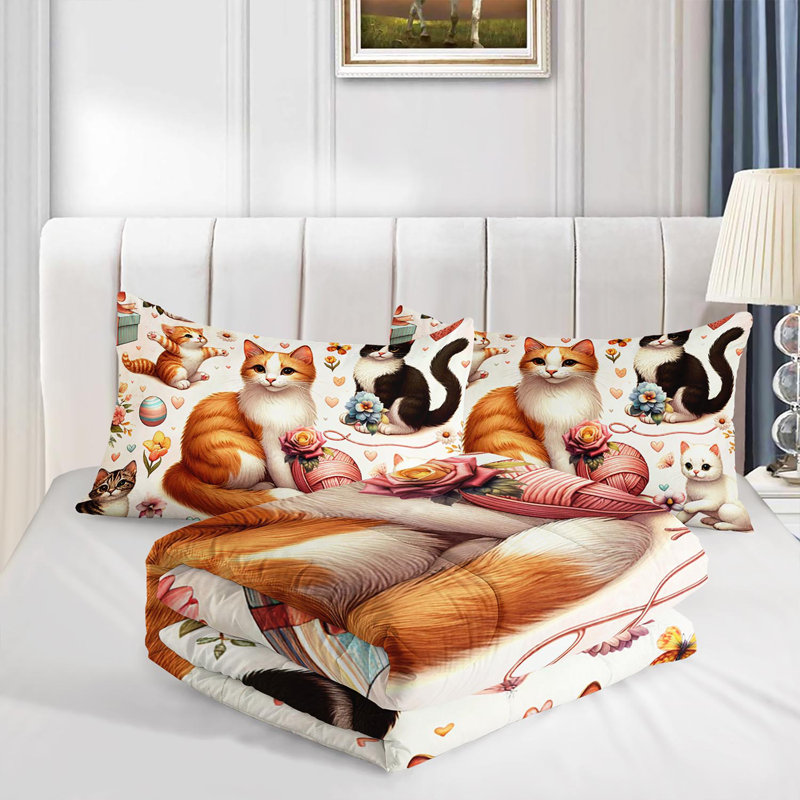 Cute Cat Comforter Set, Whimsical Cat Bedding Set with 2 Pillow Cases, Soft and Machine Washable Bedding, All Seasons Comforter for Room Decor