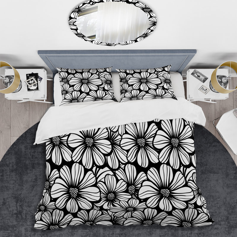 Ensemble de housse de couette transitionnel noir et blanc Floral Garden III