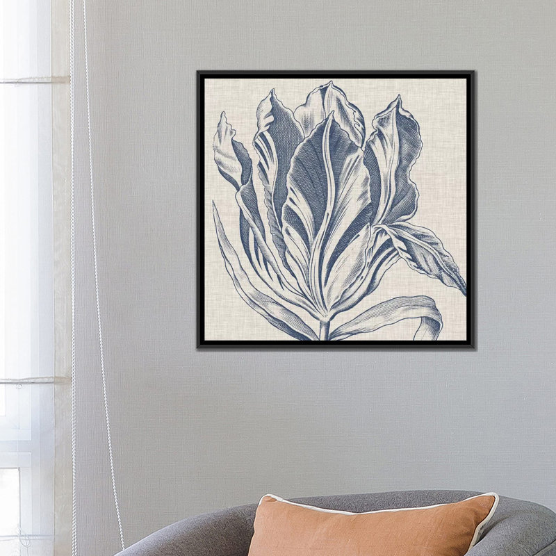 « indigo floral on linen i », reproduction de dessin sur toile tendue, H 18 po x l 18 po x P 1,5 po, Toile avec cadre noir