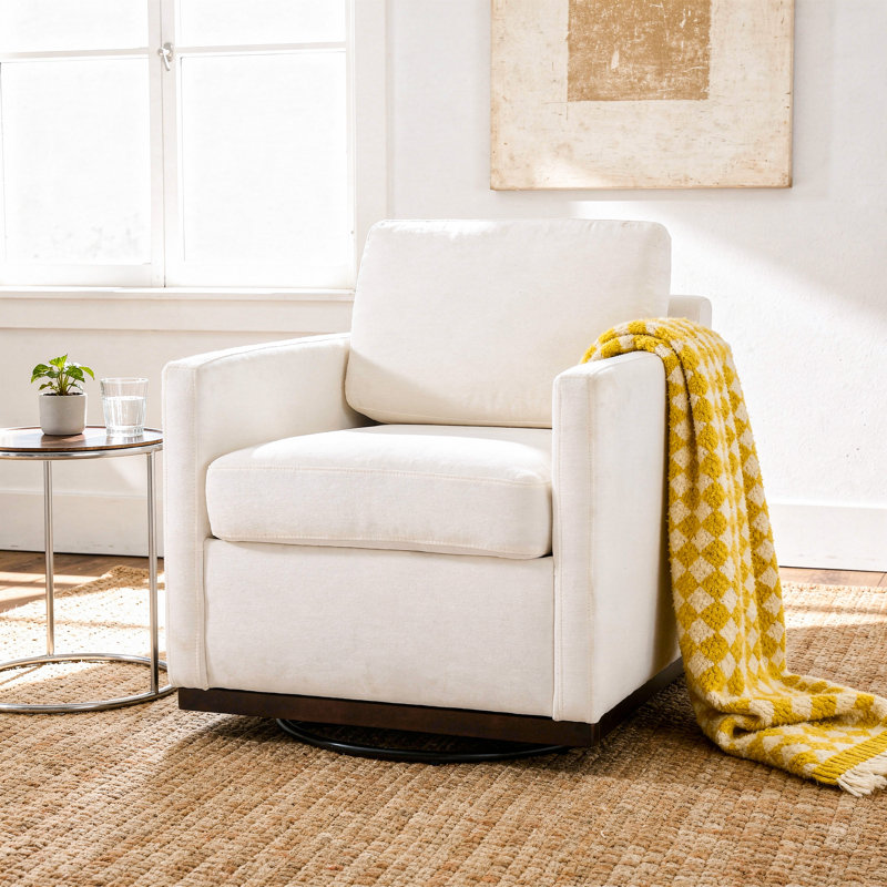 Fauteuil moderne pivotant carré beige rembourré avec base matel, Chenille beige