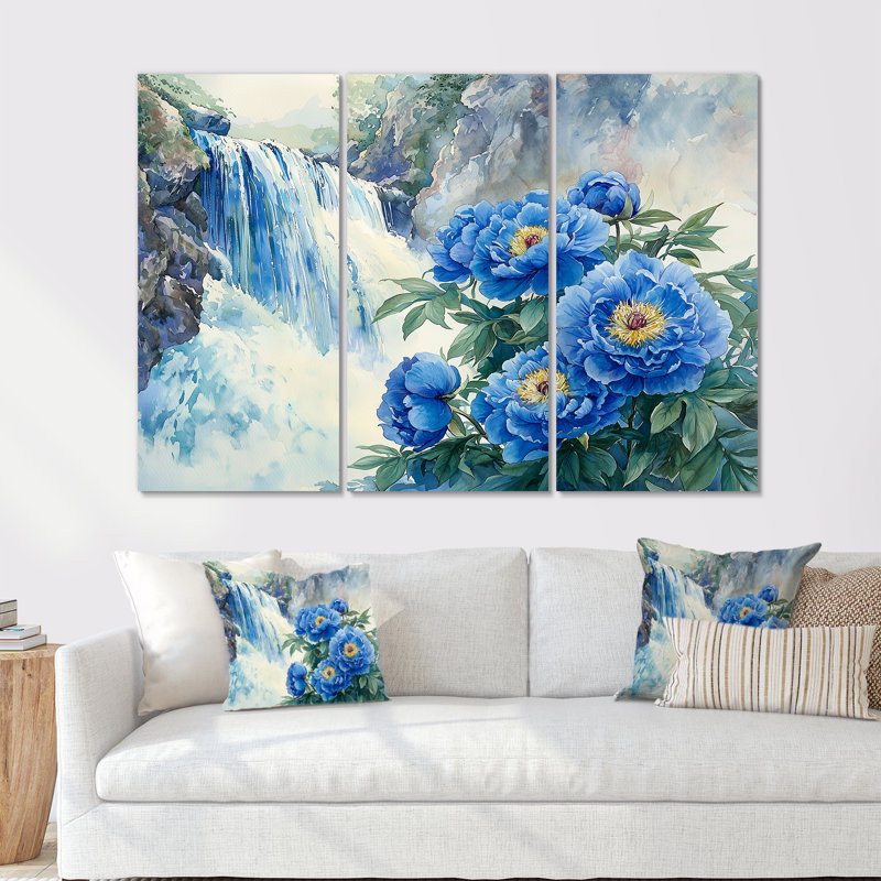 Pivoines par la cascade II - art mural pivoines - 3 panneaux, H 28 po x l 36 po, Toile tendue, Ne s’applique pas