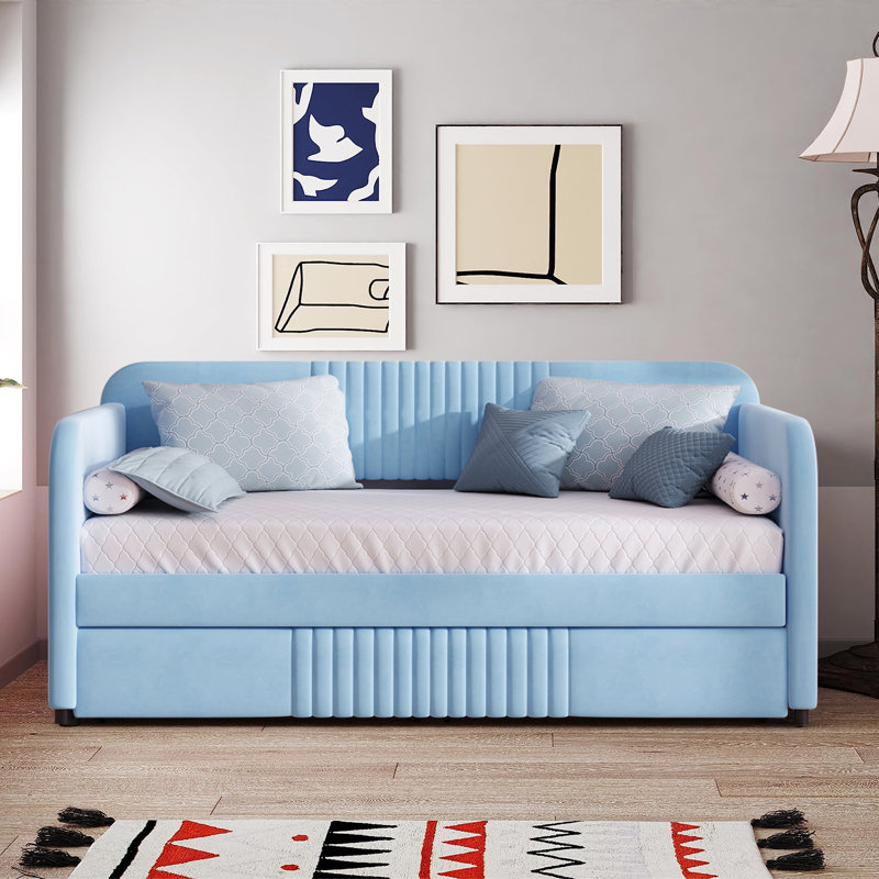 Modern Elegant Style Twin Size Velvet Fabric Upholstered Bed With A Trundle And Wood Frame, For Indoor Use, Bleu clair