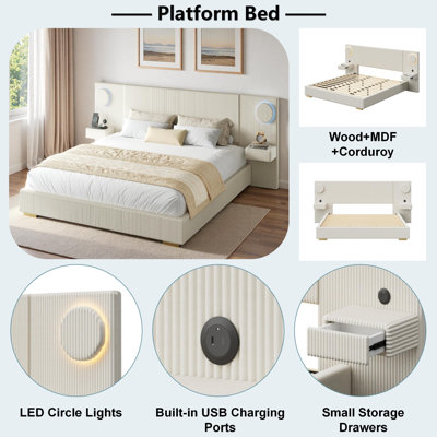 Lit plateforme tapissier avec lumières circulaires à DEL, ports de chargement USB et tiroirs de rangement latéraux