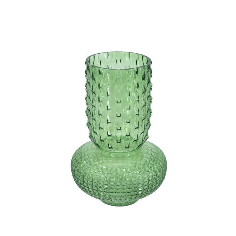  Round  Glass Vase With Hobnail Texture, overall height- 12.8", Green