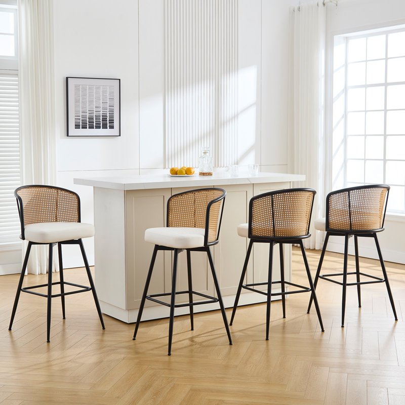 Cane Back Swivel Upholstered Counter & Bar Stool, Bar Stool (29” Seat Height), Cream