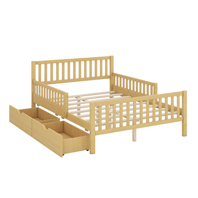 Lit plateforme en bois avec garde-corps des deux côtés et deux tiroirs de rangement, structure en bois massif avec support à lattes