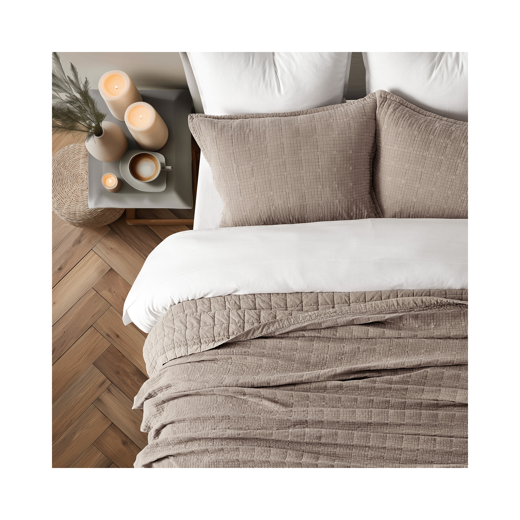 Stonewashed Crinkle Cotton Box Stitch Quilt Set, Truffle Taupe Brown, King Quilt + 2 King Shams