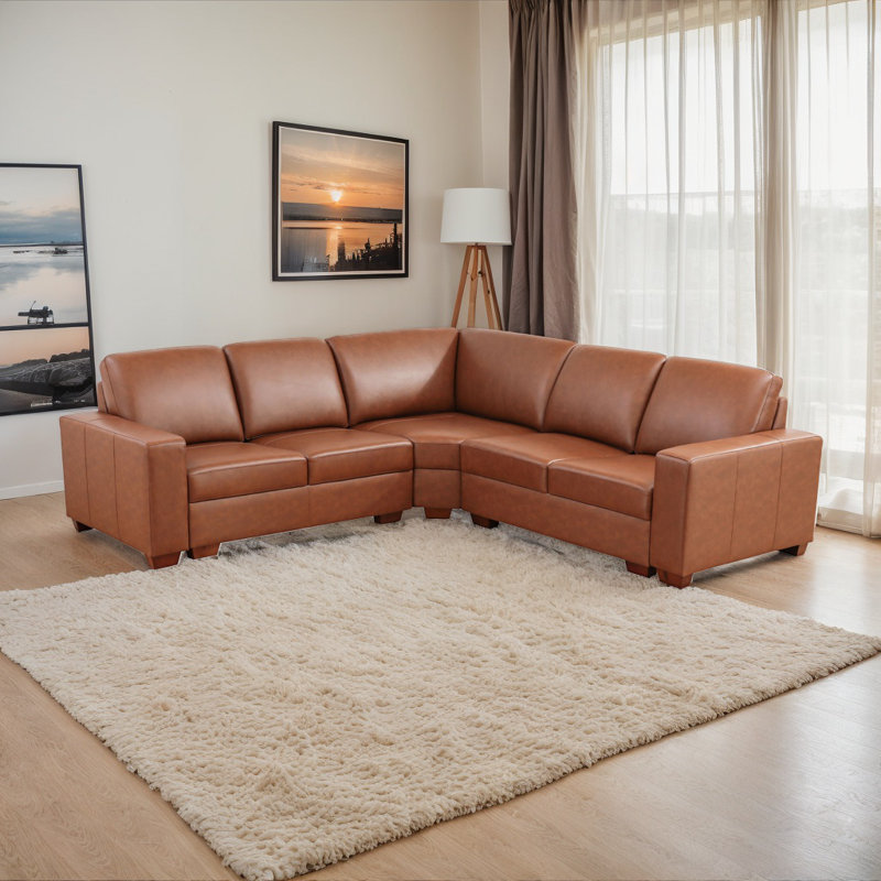 Genuine Cowhide Leather Luxury Living Room Sectional Set, 36'' H x 106'' W x 39'' D, Brown Genuine Leather, Brown Wood